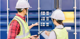 Logistics staff inspecting containers